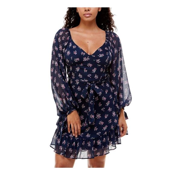 B DARLIN Womens Tie Sleeves Balloon Sleeve Short Cocktail Fit + Flare Dress - Picture 1 of 4